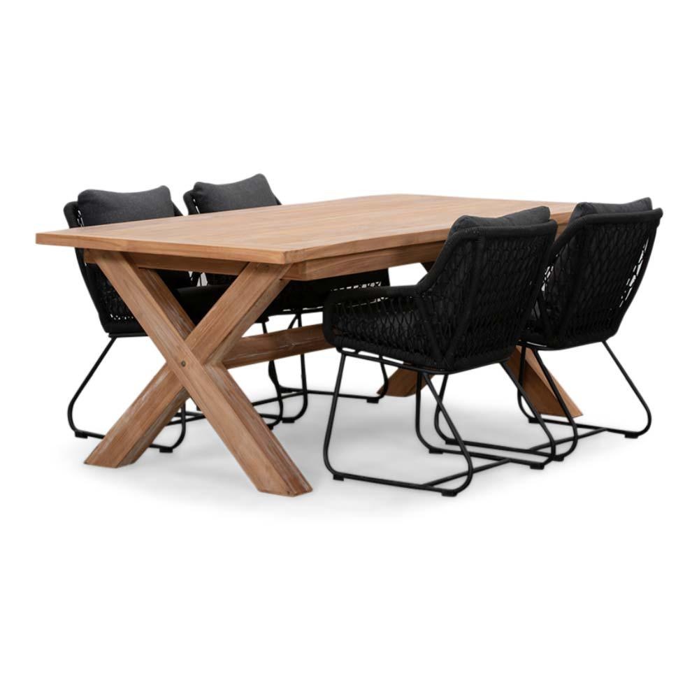 Riga/Portofino zwart dining tuinset | 4 personen | teakhout + touw | 200cm