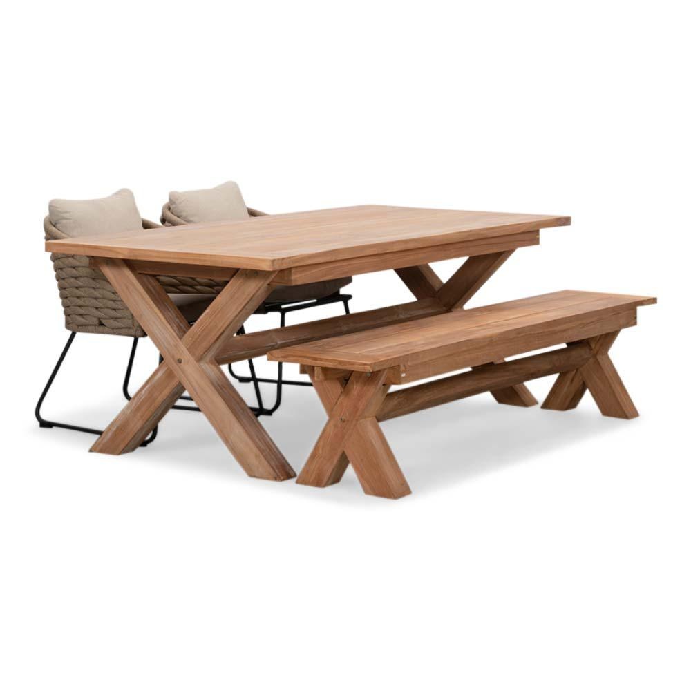 Riga/Ropera Sahara Dust stoel-bank dining tuinset | 4 personen | hardhout + touw | 200cm