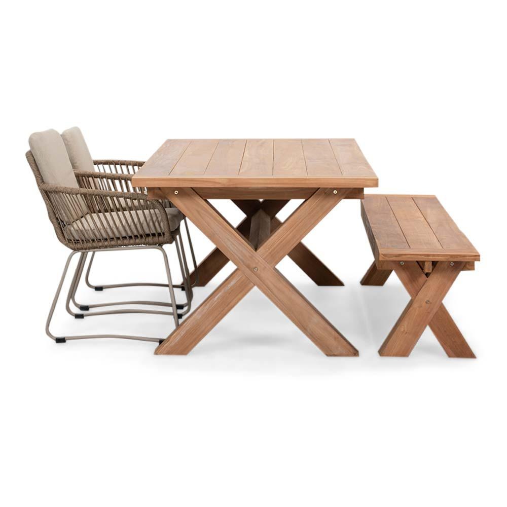 Riga/Harper Sandstone stoel-bank dining tuinset | 4 personen | hardhout + touw | 200cm