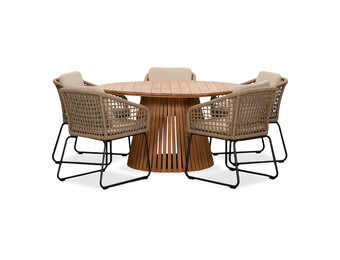 Palau/Tulum Sahara Dust dining tuinset | 5 personen | teakhout + touw | 140cm rond
