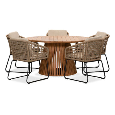 Palau/Tulum Sahara Dust dining tuinset | 5 personen | teakhout + touw | 140cm rond