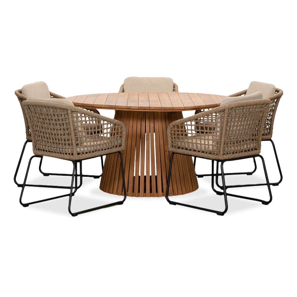 Palau/Tulum Sahara Dust dining tuinset | 5 personen | teakhout + touw | 140cm rond afbeelding