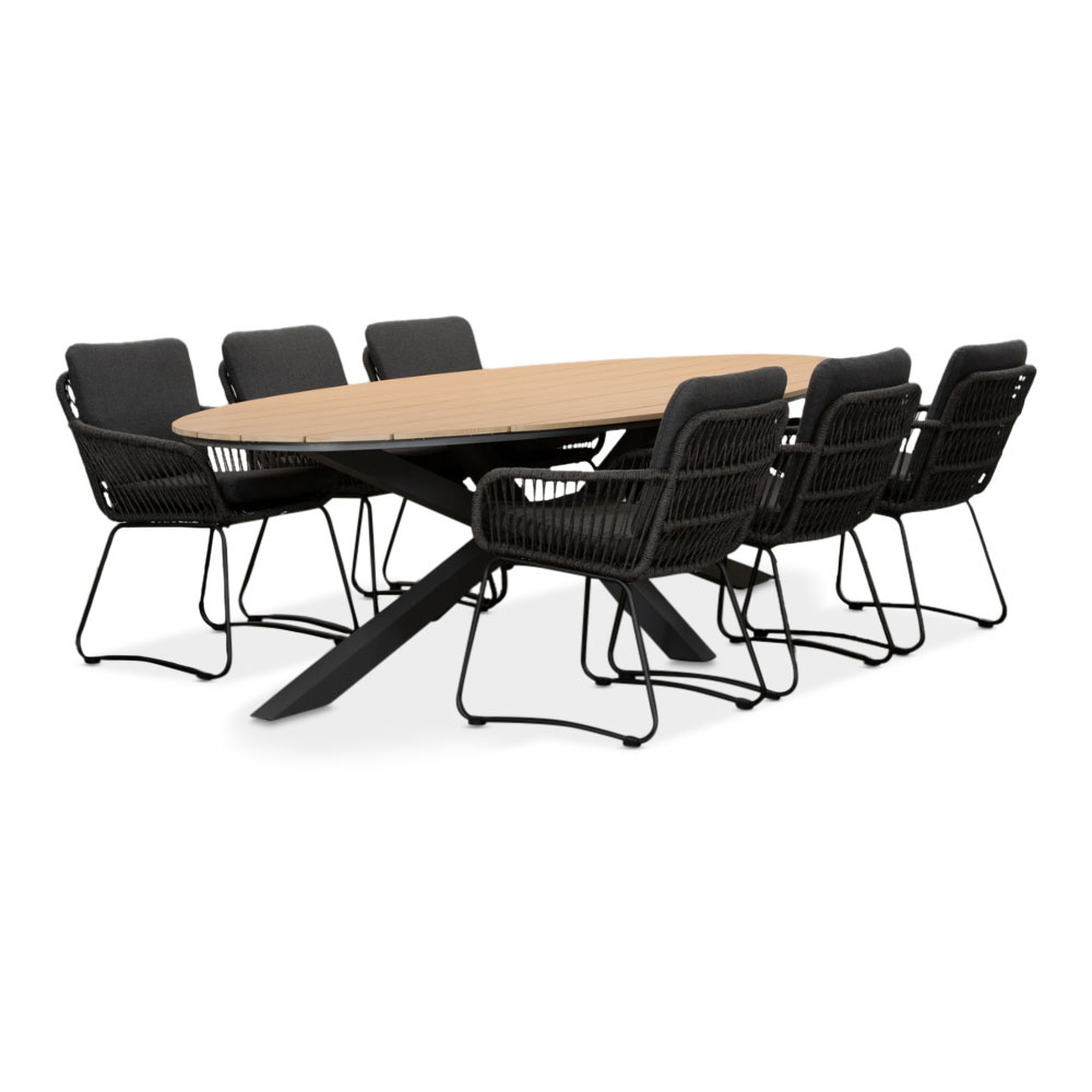 Dallas antraciet/Harper Lava Grey dining tuinset | 6 personen | polywood + touw | 220cm