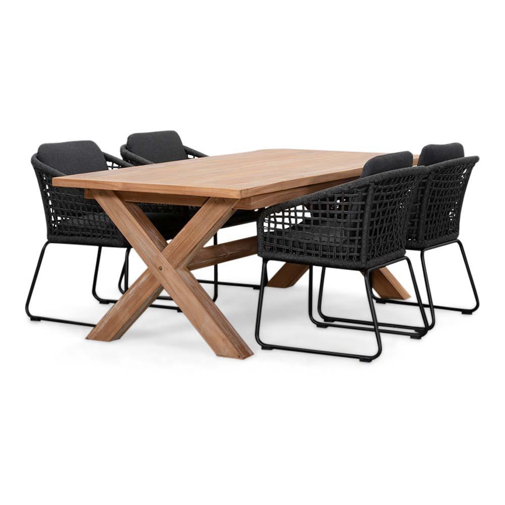 Riga/Tulum Lava Grey dining tuinset | 4 personen | teakhout + touw | 200cm afbeelding