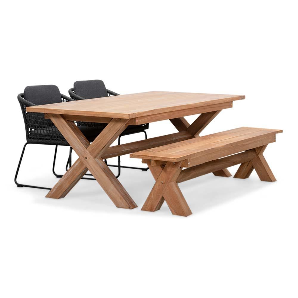 Riga/Tulum Lava Grey stoel-bank dining tuinset | 4 personen | hardhout + touw | 200cm afbeelding