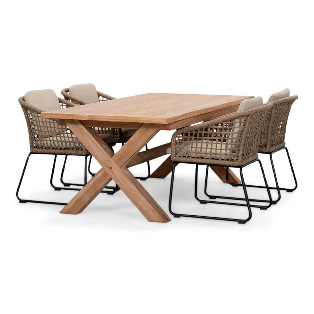 Riga/Tulum Sahara Dust dining tuinset | 4 personen | teakhout + touw | 200cm afbeelding