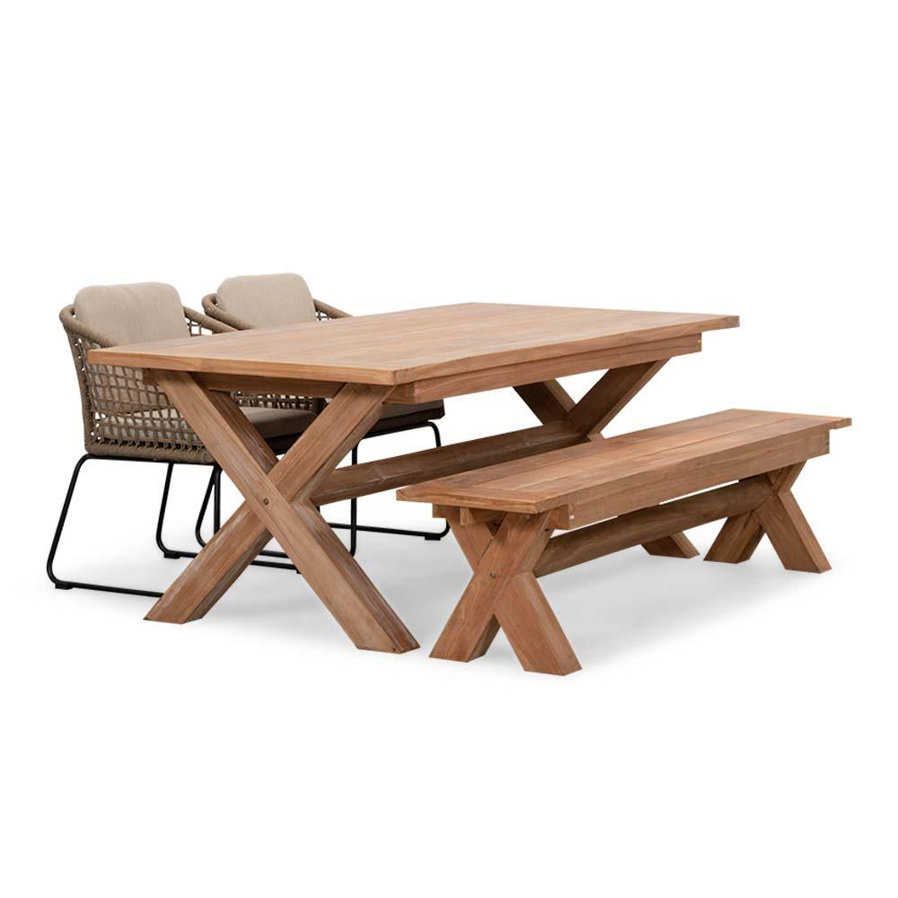 Riga/Tulum Sahara Dust stoel-bank dining tuinset | 4 personen | hardhout + touw | 200cm afbeelding