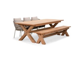 Riga/Dakota beige/wit stoel-bank dining tuinset | 6 personen | hardhout + touw | 250cm