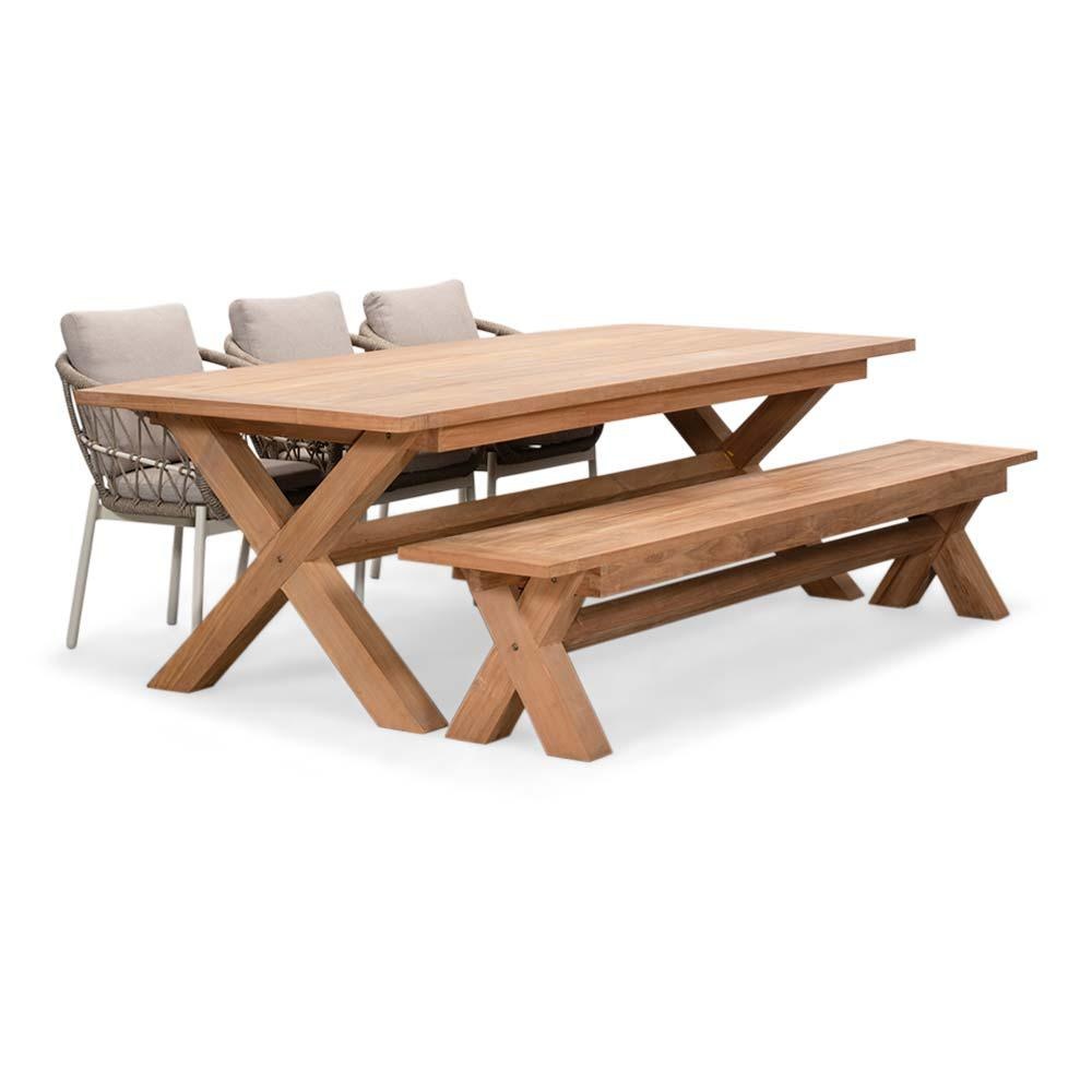 Riga/Dakota beige/wit stoel-bank dining tuinset | 6 personen | hardhout + touw | 250cm afbeelding
