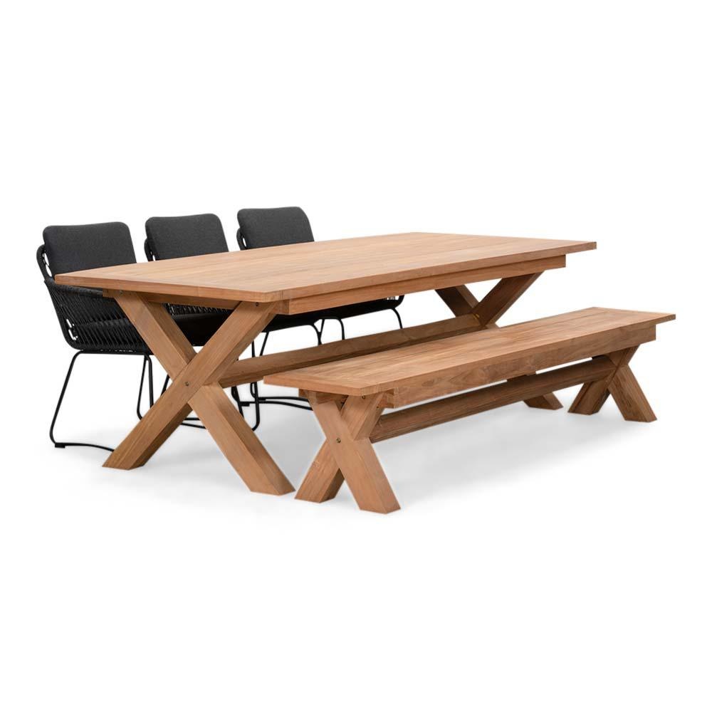 Riga/Harper Lava Grey stoel-bank dining tuinset | 6 personen | hardhout + touw | 250cm