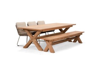 Riga/Harper Sahara Dust stoel-bank dining tuinset | 6 personen | hardhout + touw | 250cm