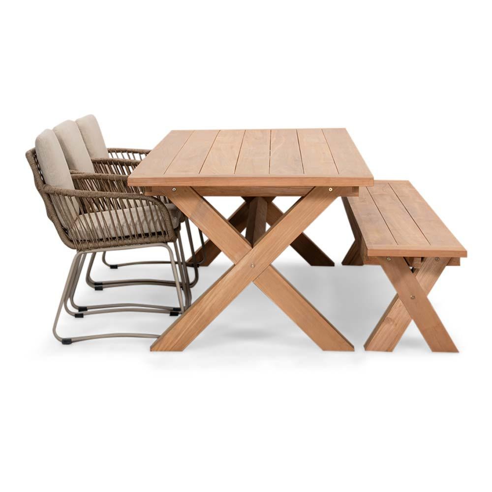 Riga/Harper Sandstone stoel-bank dining tuinset | 6 personen | hardhout + touw | 250cm