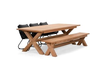 Riga/Portofino zwart stoel-bank dining tuinset | 6 personen | hardhout + touw | 250cm