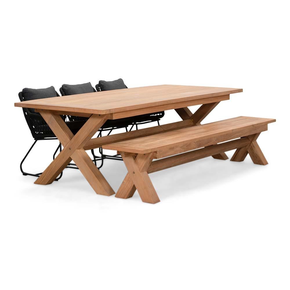Riga/Portofino zwart stoel-bank dining tuinset | 6 personen | hardhout + touw | 250cm