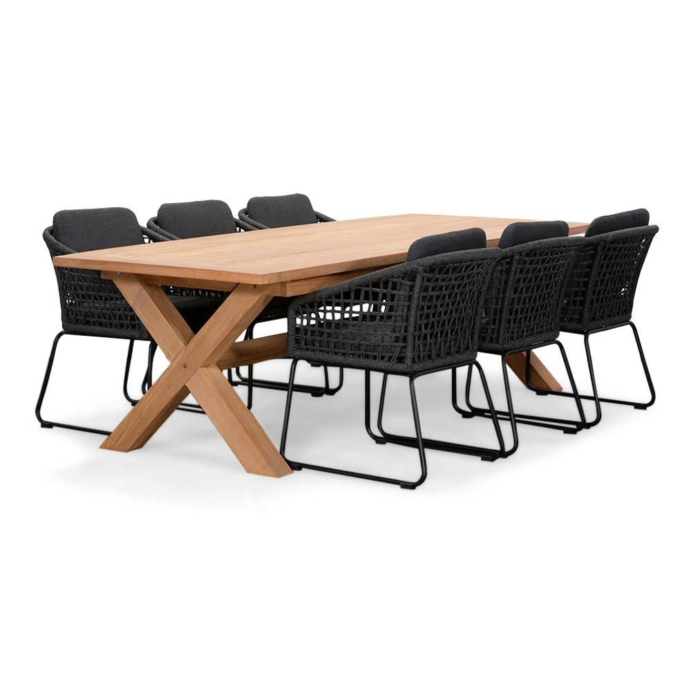 Riga/Tulum Lava Grey dining tuinset | 6 personen | teakhout + touw | 250cm