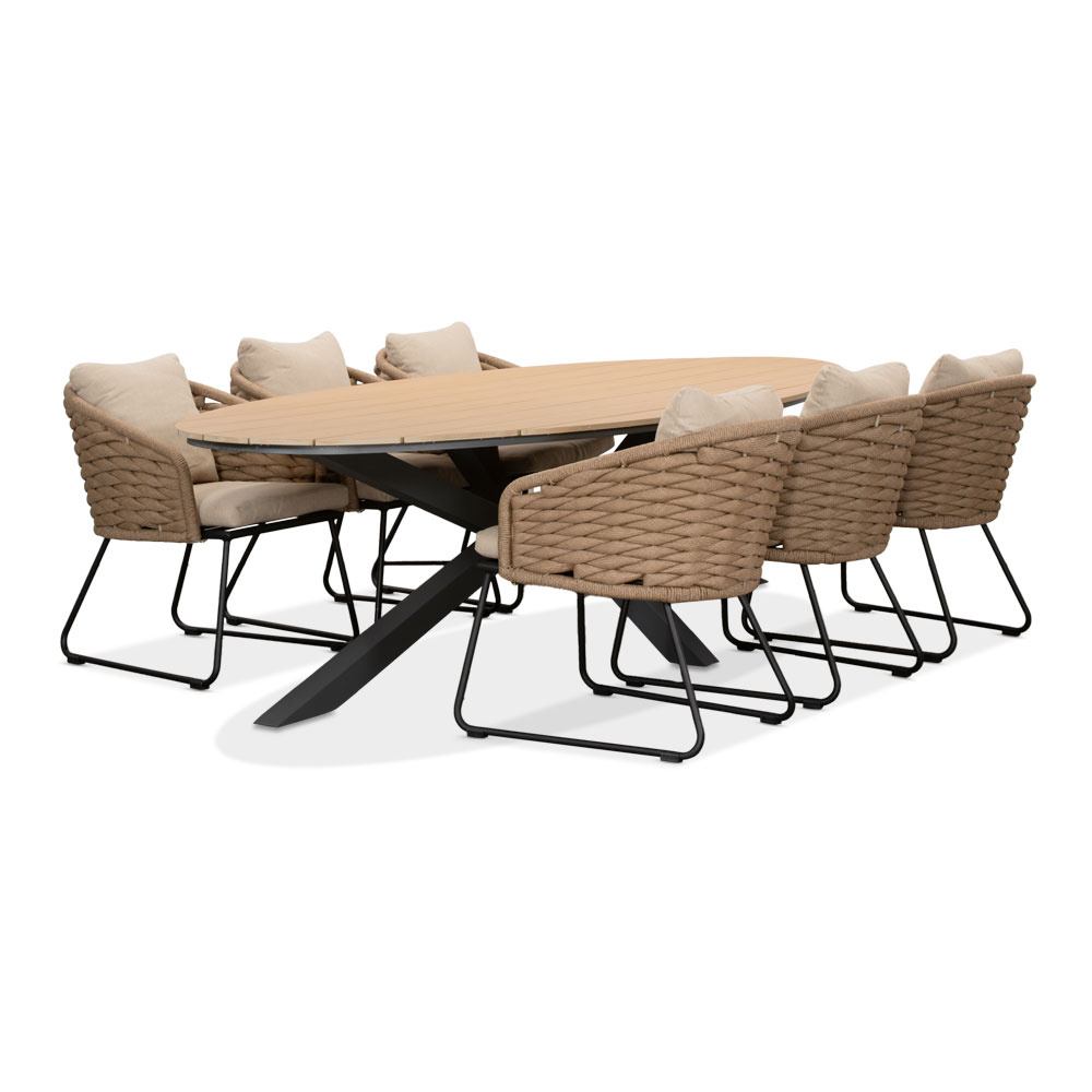 Dallas antraciet/Ropera Sahara Dust dining tuinset | 6 personen | polywood + touw | 220cm