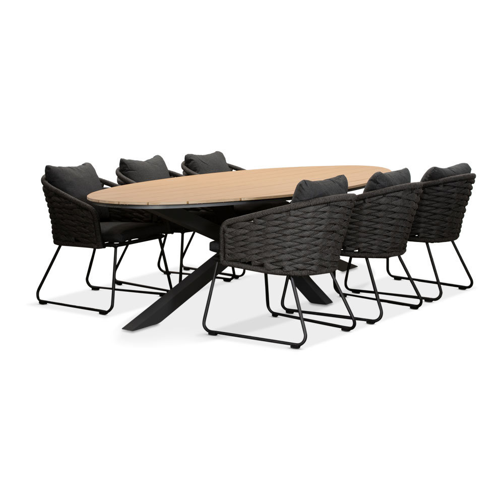 Dallas antraciet/Ropera Lava Grey dining tuinset | 6 personen | polywood + touw | 220cm