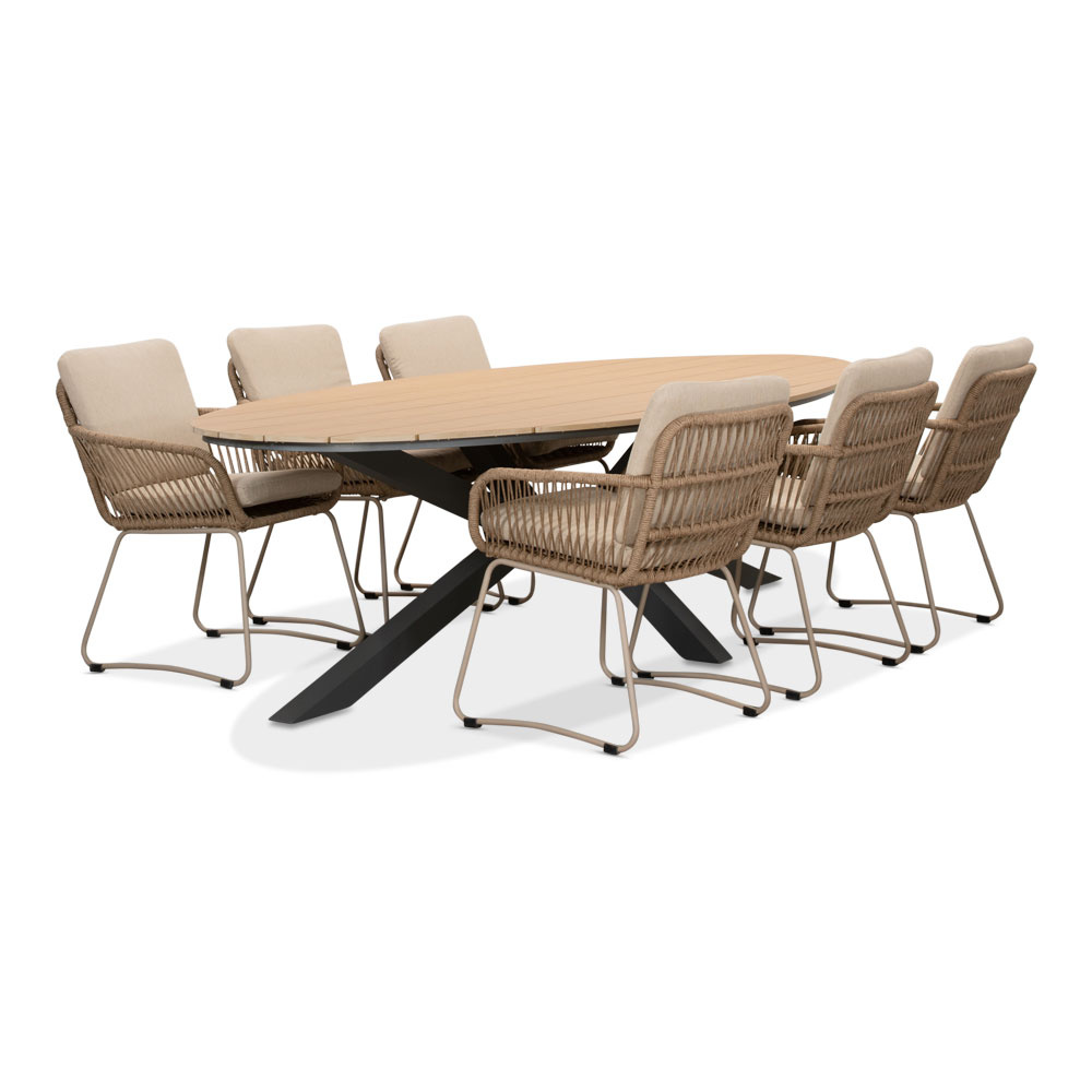 Dallas antraciet/Harper Sandstone dining tuinset | 6 personen | polywood + touw | 220cm