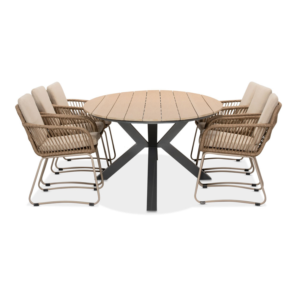 Dallas antraciet/Harper Sandstone dining tuinset | 6 personen | polywood + touw | 220cm