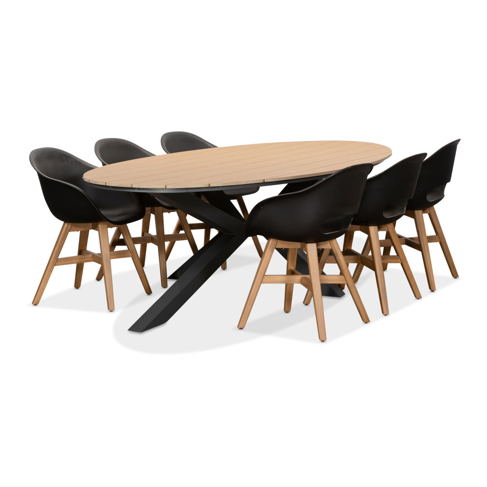 Dallas antraciet/Karlstad zwart dining tuinset | 6 personen | polywood + kunststof | 220cm