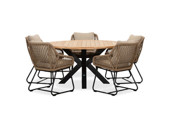 Cleve/Portofino Sahara Dust dining tuinset | 5 personen | teakhout + touw | 140cm rond