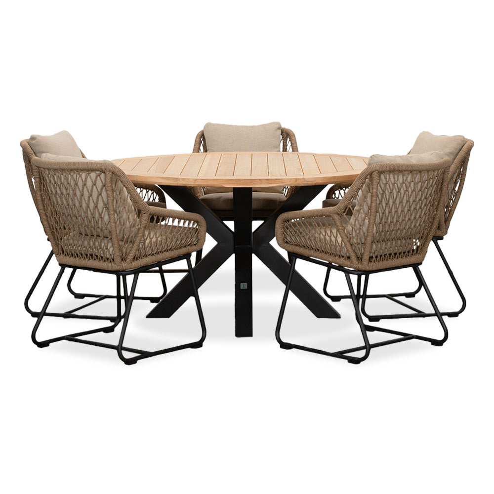 Cleve/Portofino Sahara Dust dining tuinset | 5 personen | teakhout + touw | 140cm rond