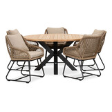 Cleve/Portofino Sahara Dust dining tuinset | 5 personen | teakhout + touw | 140cm rond