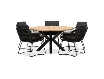 Cleve/Harper Lava Grey dining tuinset | 5 personen | teakhout + touw | 140cm rond