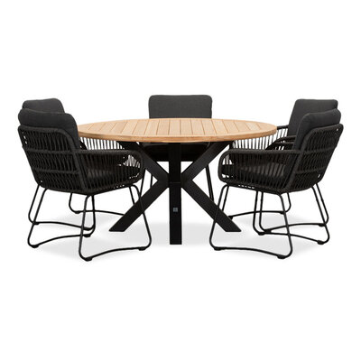 Cleve/Harper Lava Grey dining tuinset | 5 personen | teakhout + touw | 140cm rond