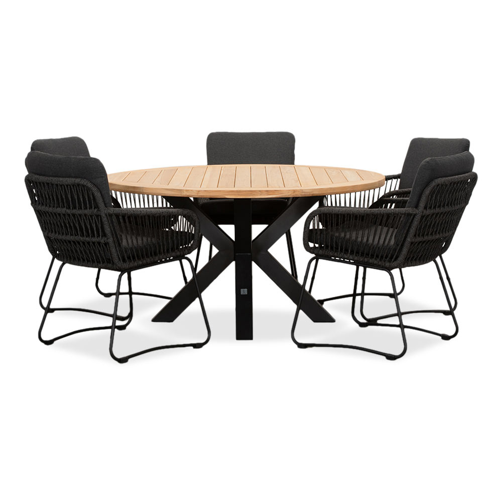 Cleve/Harper Lava Grey dining tuinset | 5 personen | teakhout + touw | 140cm rond afbeelding
