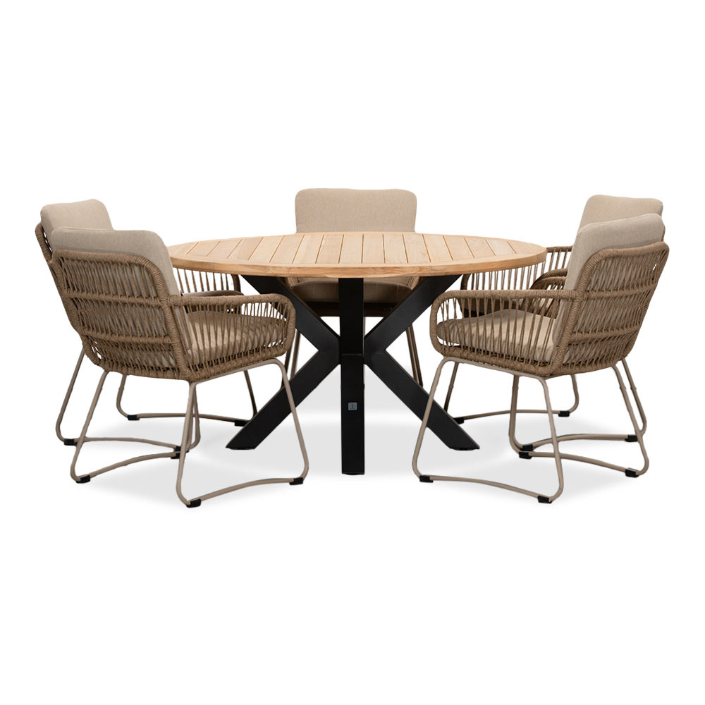 Cleve/Harper Sahara Dust dining tuinset | 5 personen | teakhout + touw | 140cm rond afbeelding