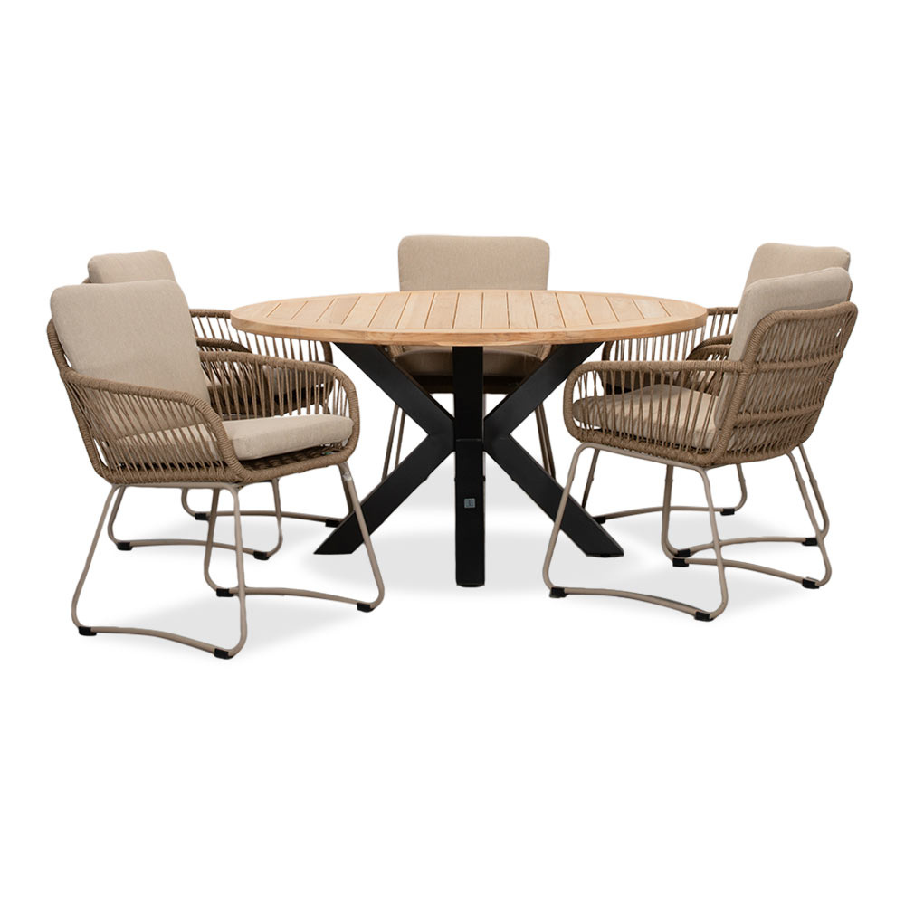 Cleve/Harper Sandstone dining tuinset | 5 personen | teakhout + touw | 140cm rond