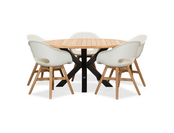 Cleve/Karlstad wit dining tuinset | 5 personen | teakhout + kunststof | 140cm rond