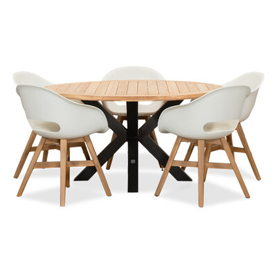 Cleve/Karlstad wit dining tuinset | 5 personen | teakhout + kunststof | 140cm rond