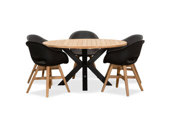 Cleve/Karlstad zwart dining tuinset | 5 personen | teakhout + kunststof | 140cm rond