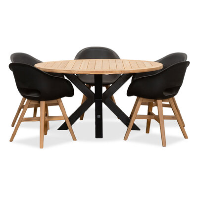 Cleve/Karlstad zwart dining tuinset | 5 personen | teakhout + kunststof | 140cm rond