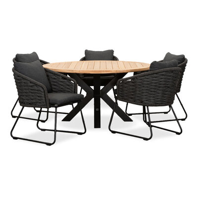 Cleve/Ropera Lava Grey dining tuinset | 5 personen | teakhout + touw | 140cm rond