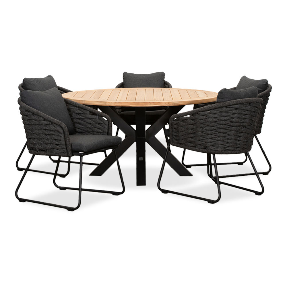 Cleve/Ropera Lava Grey dining tuinset | 5 personen | teakhout + touw | 140cm rond