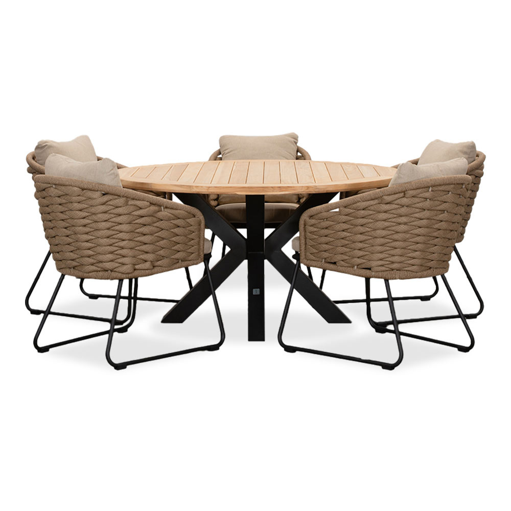 Cleve/Ropera Sahara Dust dining tuinset | 5 personen | teakhout + touw | 140cm rond