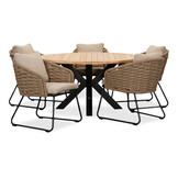 Cleve/Ropera Sahara Dust dining tuinset | 5 personen | teakhout + touw | 140cm rond