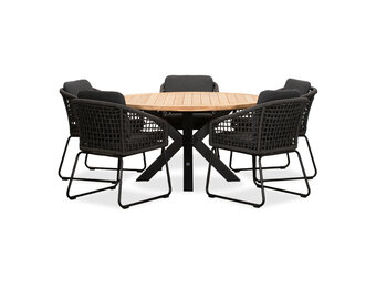 Cleve/Tulum Lava Grey dining tuinset | 5 personen | teakhout + touw | 140cm rond