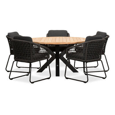 Cleve/Tulum Lava Grey dining tuinset | 5 personen | teakhout + touw | 140cm rond