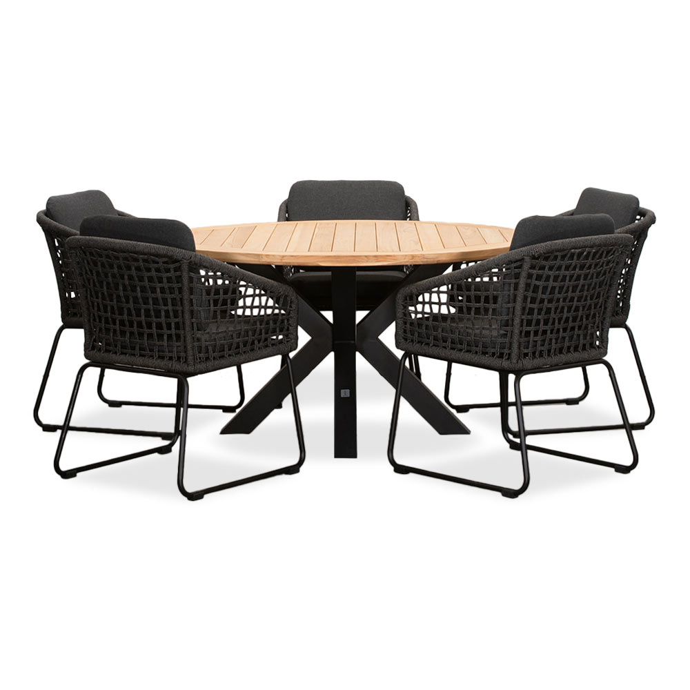 Cleve/Tulum Lava Grey dining tuinset 6-delig | teakhout + touw | 140cm rond