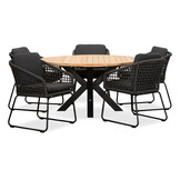 Cleve/Tulum Lava Grey dining tuinset | 5 personen | teakhout + touw | 140cm rond
