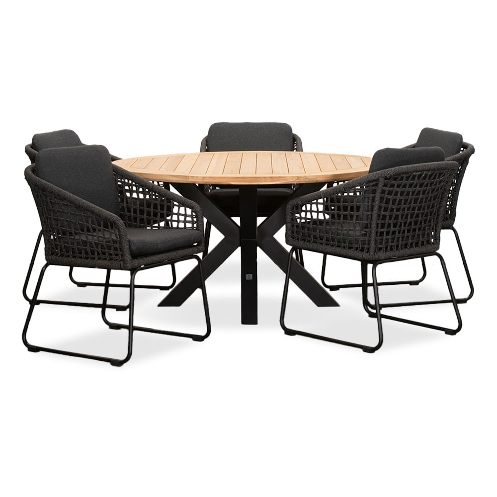 Cleve/Tulum Lava Grey dining tuinset 6-delig | teakhout + touw | 140cm rond
