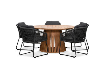 Palau/Tulum Lava Grey dining tuinset | 5 personen | teakhout + touw | 140cm rond