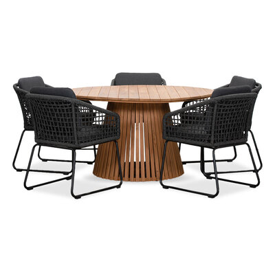 Palau/Tulum Lava Grey dining tuinset | 5 personen | teakhout + touw | 140cm rond