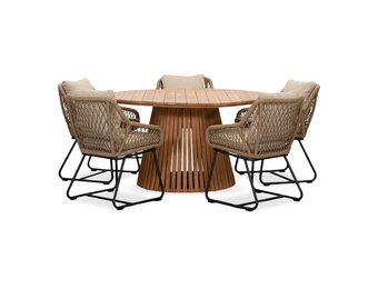Palau/Portofino Sahara Dust dining tuinset | 5 personen | teakhout + touw | 140cm rond