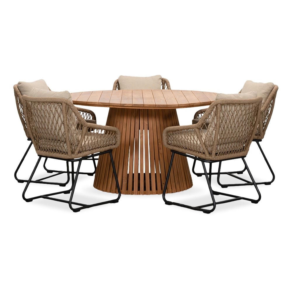 Palau/Portofino Sahara Dust dining tuinset | 5 personen | teakhout + touw | 140cm rond afbeelding