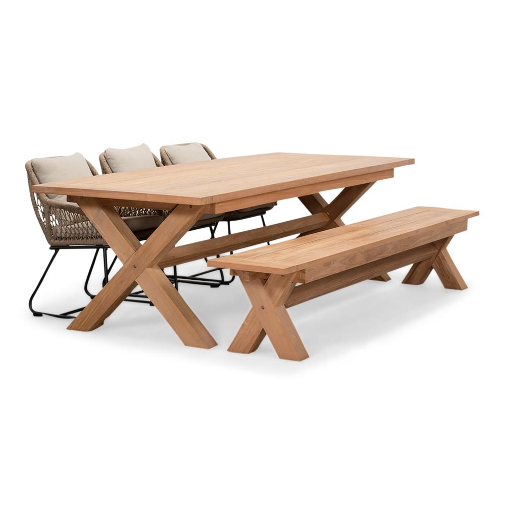 Riga/Portofino Sahara Dust stoel-bank dining tuinset | 6 personen | hardhout + touw | 250cm